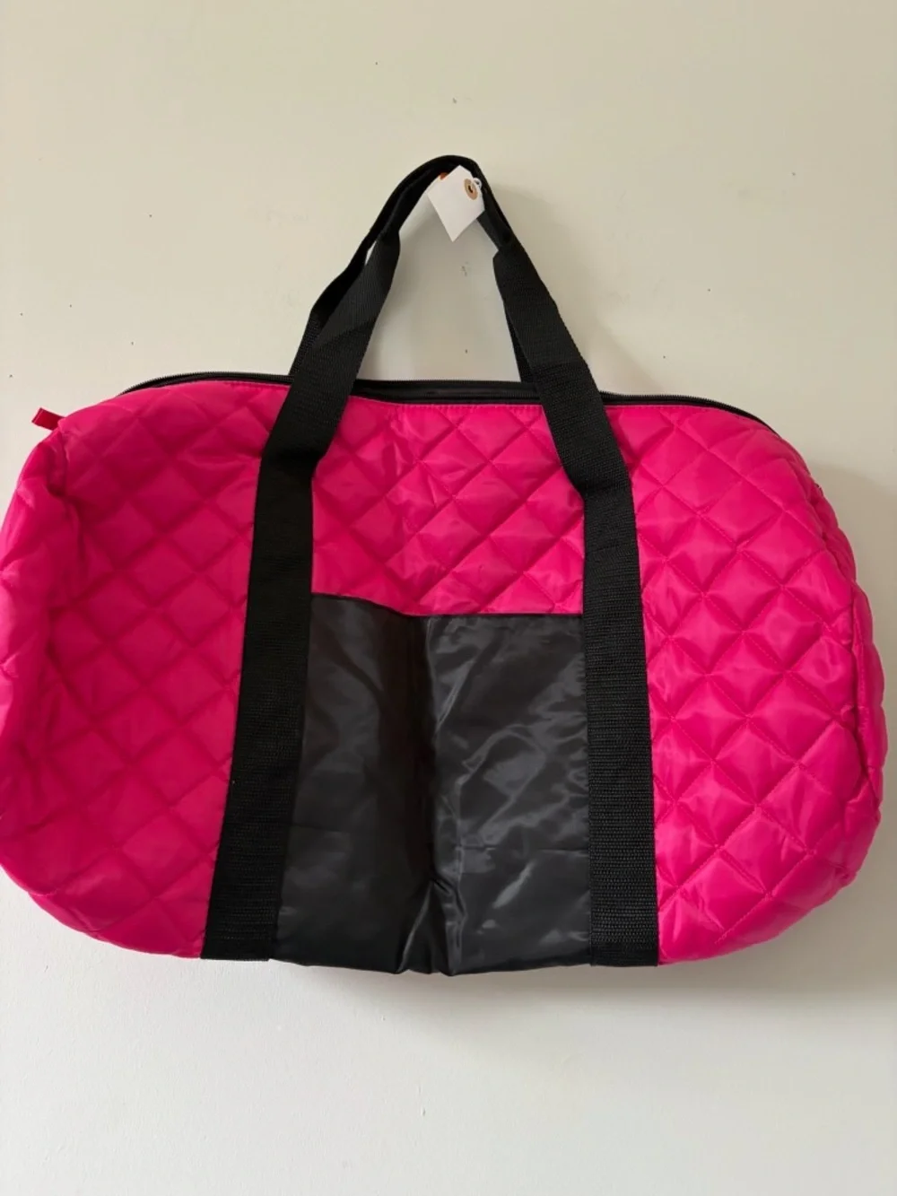 Quilted Hot Pink Travel Tote / Duffle  Bag with Black Accents.